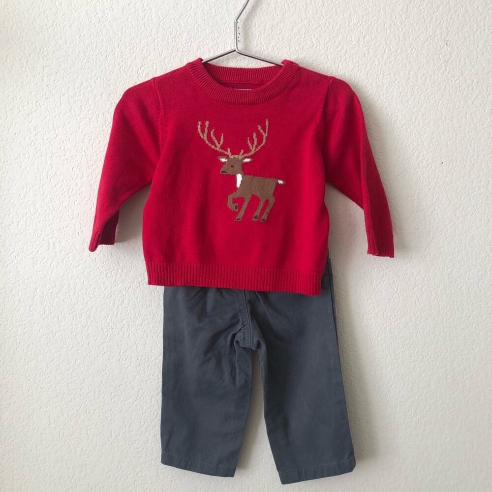 The Children’s Place red reindeer Christmas sweater gray khaki pants